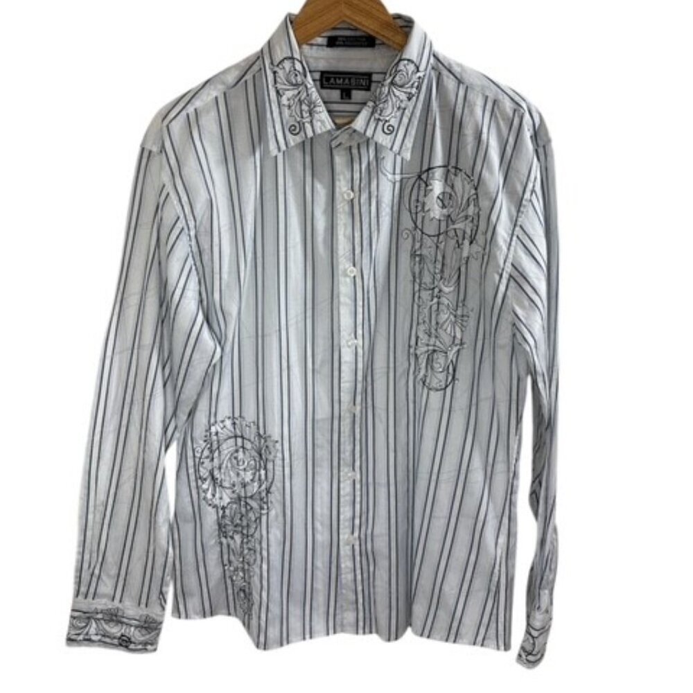 Lamasini Men's Button Up Western Cowboy Long Sleeve Y2K Shirt Large